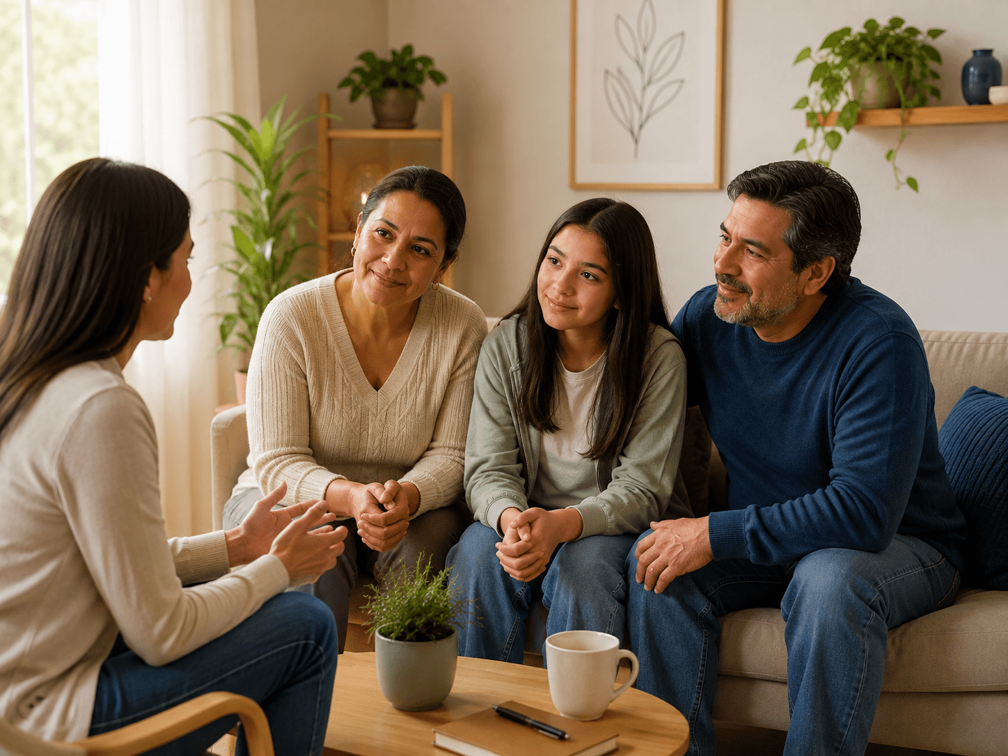 Familia conversando con una profesional en un espacio de acompañamiento